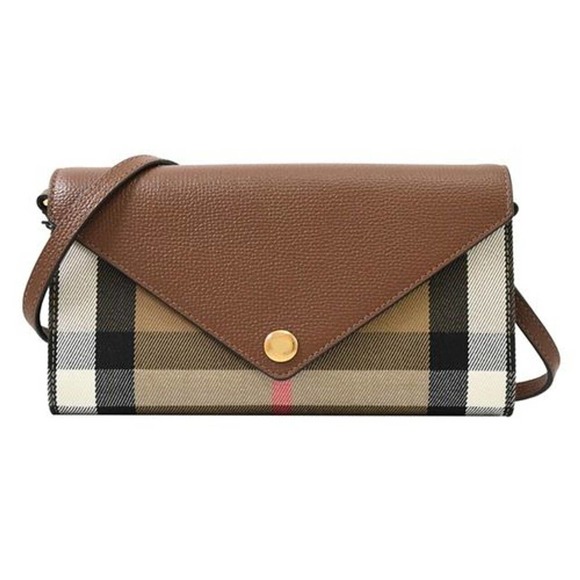 $910 NWT BURBERRY HANNAH TAN LEATHER CANVAS CHECK SHOULDER STRAP CLUTCH BAG - Picture 1 of 16